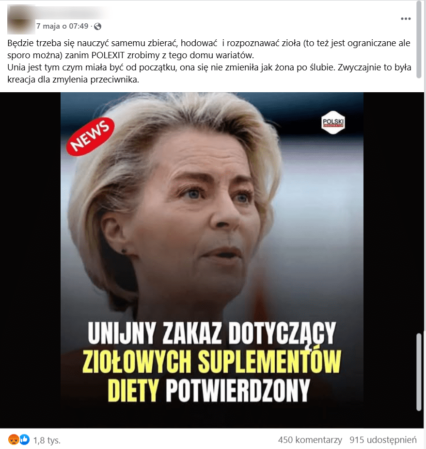 Zrzut jednego omawianego wpisów Do wpisu dołączona jest fotografia przedstawiająca przewodniczącą Komisji Europejskiej Ursulę von der Leyen z clickbaitowym opisem.