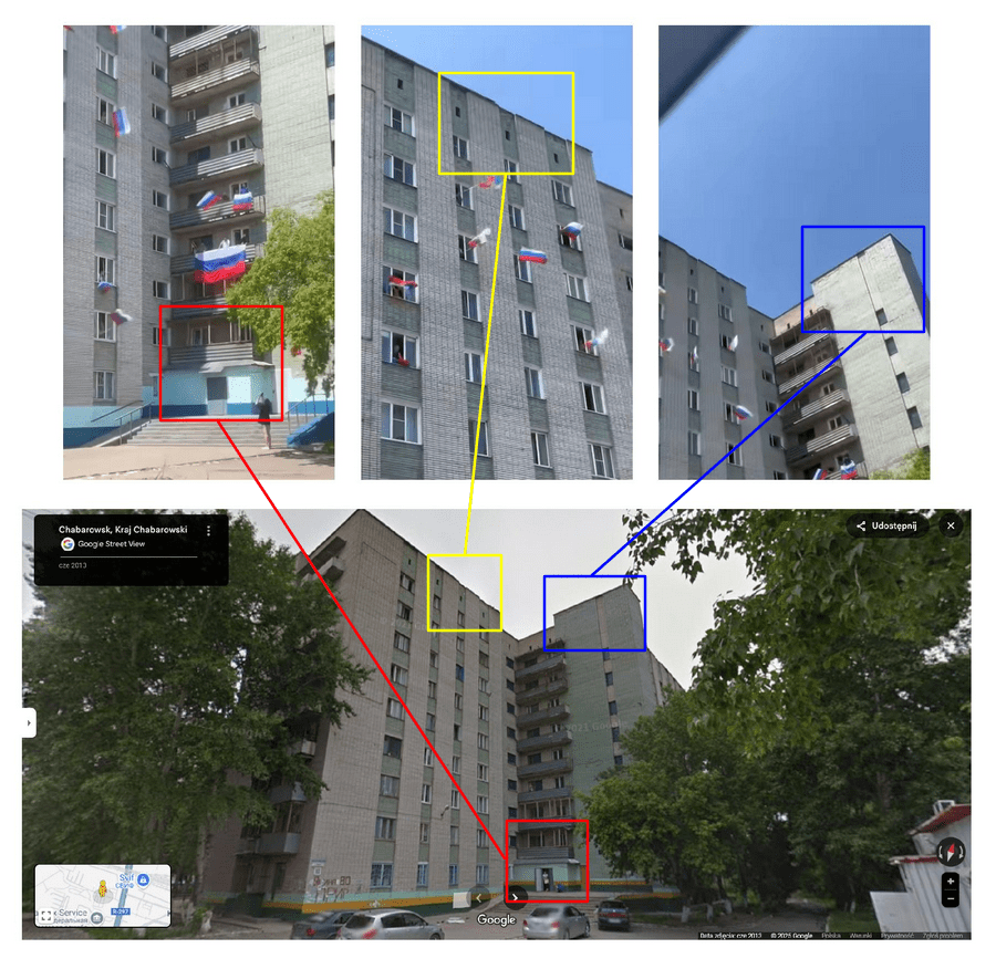 Na górze trzy klatki z nagrania, na dole zrzut ekranu z Google Street View. Kolorowe strzałki łączą wspólne elementy.