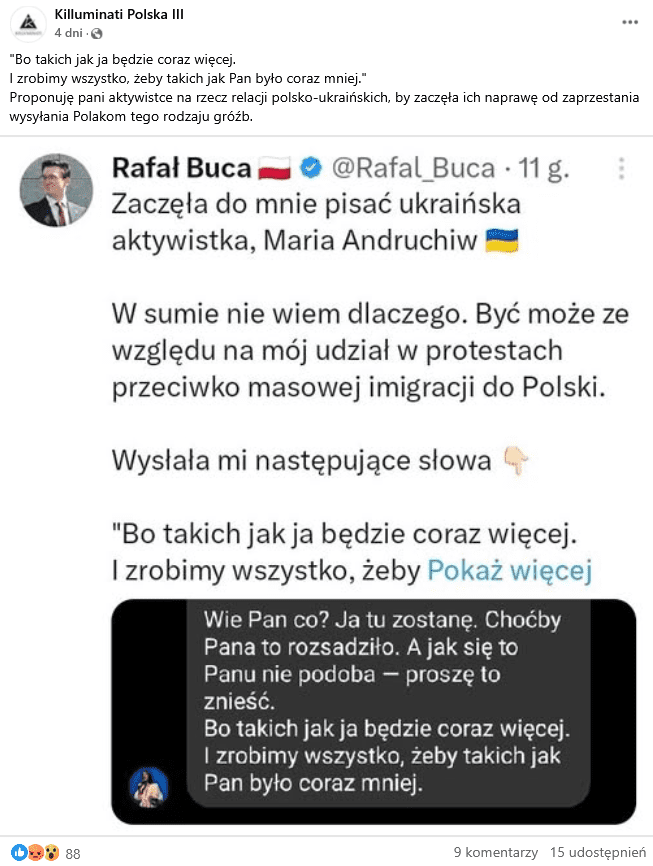 Alt: Zrzut ekranu wpisu na Facebooku. Na górze podpis i interfejs platformy, na dole obraz przedstawiający zrzut ekranu wpisu Rafała Bucy