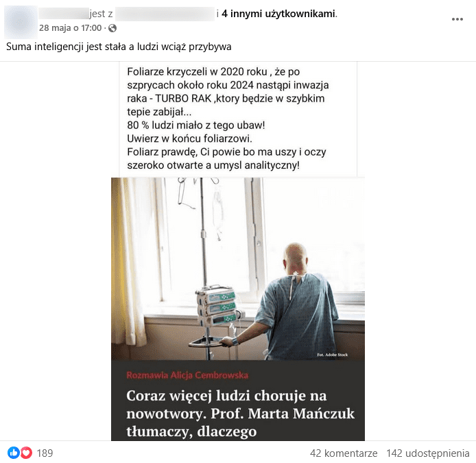 Zrzut ekranu wpisu na Facebooku. Na górze podpis i elementy interfejsu platformy, na dole zrzut ekranu z grafiką stockową przedstawiającą pacjenta i tytuł artykułu.