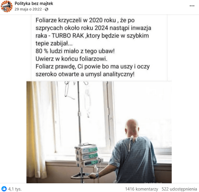 zrzut ekranu wpisu na Facebooku. Na górze podpis i elementy interfejsu platformy, na dole zrzut ekranu z grafiką stockową przedstawiającą pacjenta.