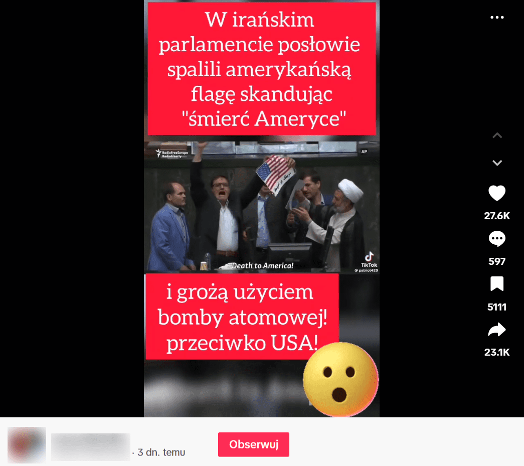 Zrzut ekranu z platformy TikTok, gdzie pojawia się film przedstawiający palenie amerykańskiej flagi w irańskim parlamencie. Na nagraniu widać irańskich parlamentarzystów.