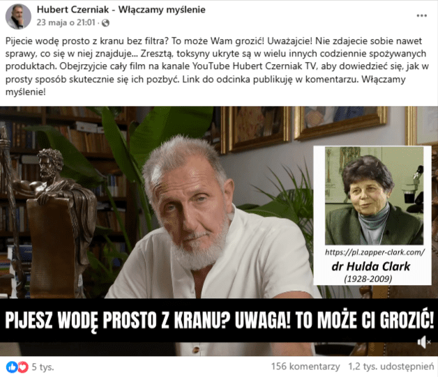 Zrzut ekranu z platformy Facebook, gdzie pojawia się wideo o rzekomej szkodliwości picia wody z kranu. Na nagraniu pojawia się dr Hubert Czerniak.