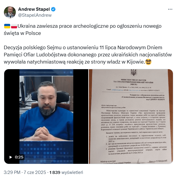 Wpis na portalu X z nagraniem rzekomej wypowiedzi prof. Ossowskiego i dokumentem strony ukraińskiej o zakazie ekshumacji