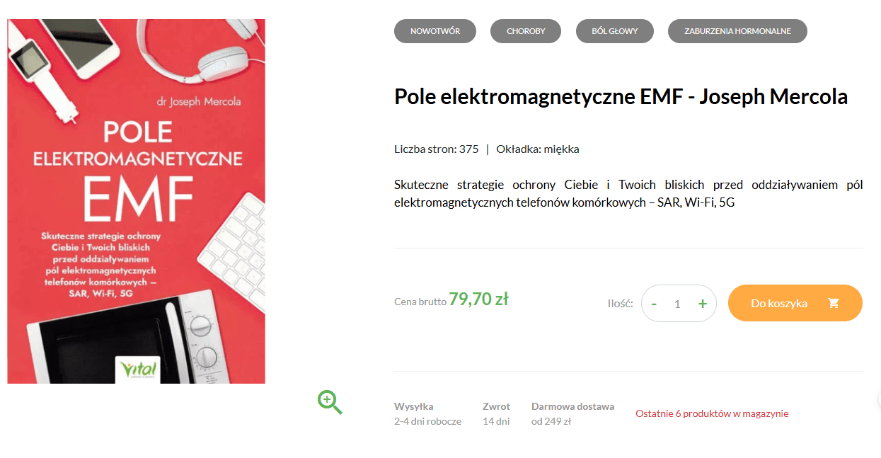 Publikacja autorstwa Josepha Mercoli „Pole elektromagnetyczne EMF” w sprzedaży
