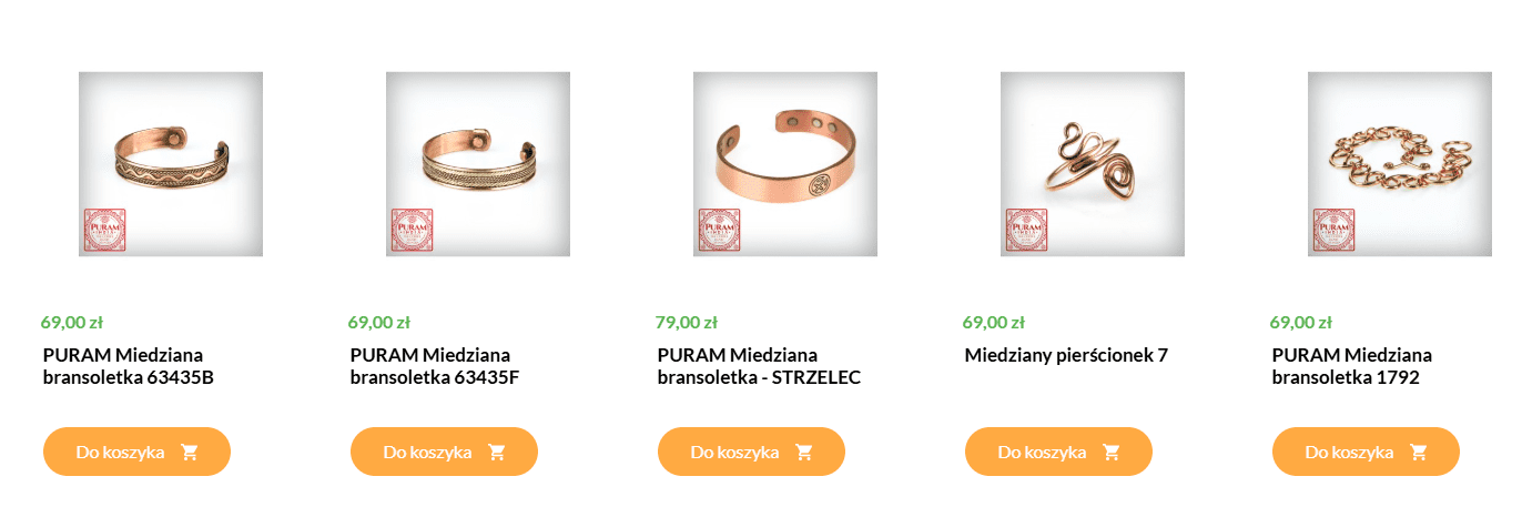 Prezentacja miedzianych ozdób na stronie.