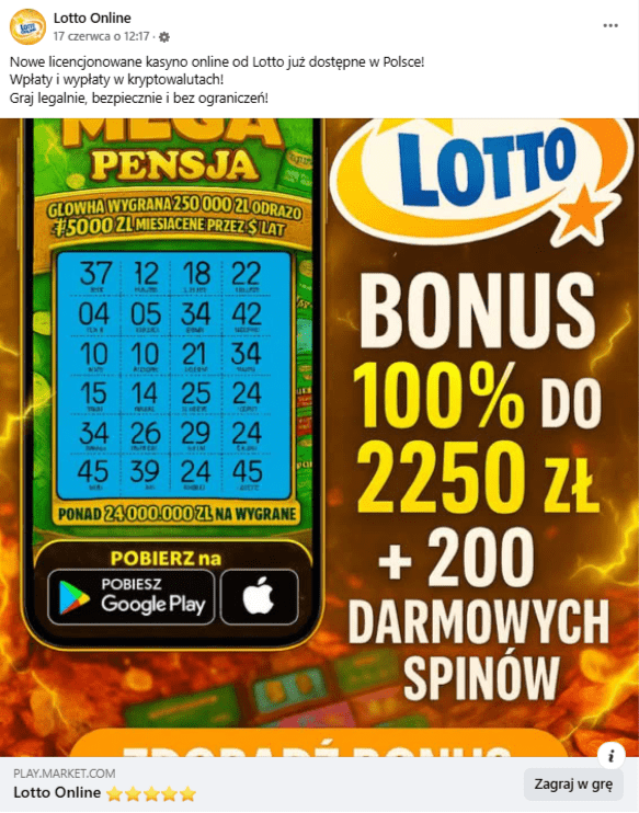 Zrzut ekranu z platformy Facebook, na którym widnieje reklama nowej loterii pod szyldem Lotto. 