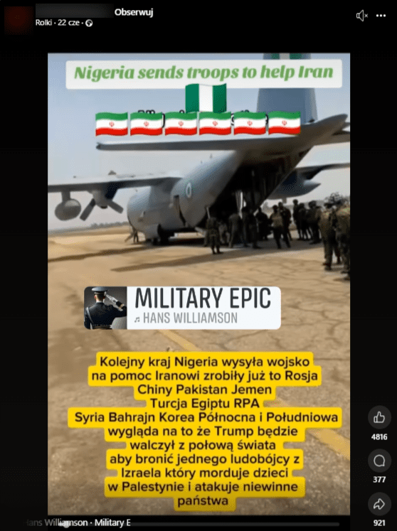 Zrzut ekranu z platformy TikTok, gdzie widać filmik sugerujący, że Nigeria wysłała wojsko na pomoc Iranowi. Na zrzucie ekranu widzimy nigeryjskich żołnierzy wchodzących do samolotu. 