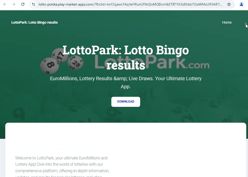 Zrzut ekranu strony z potencjalnym oszustwem dotyczącym hazardu online. Na stronie widzimy reklamę aplikacji LottoPark.