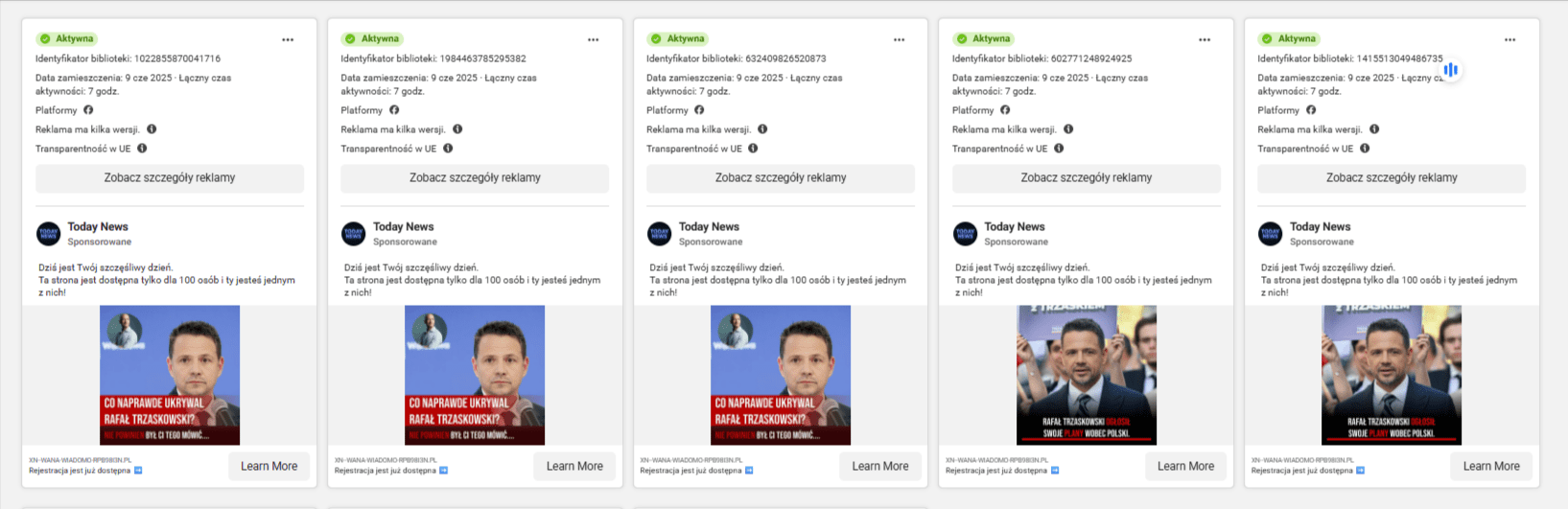 Zrzut ekranu z platformy Facebook Ads, na której widzimy reklamy prowadzące do podejrzanych linków z użyciem wizerunku Rafała Trzaskowskiego.