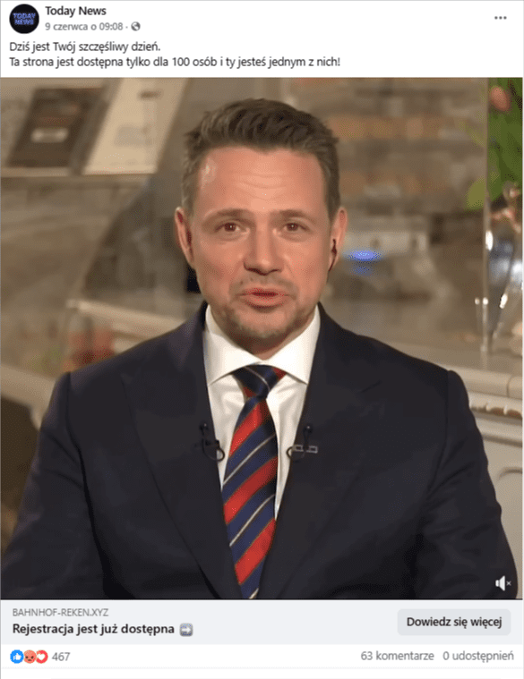 Zrzut ekranu z platformy Facebook, na której widnieje wizerunek Rafała Trzaskowskiego wykorzystany przez technologię deepfake.