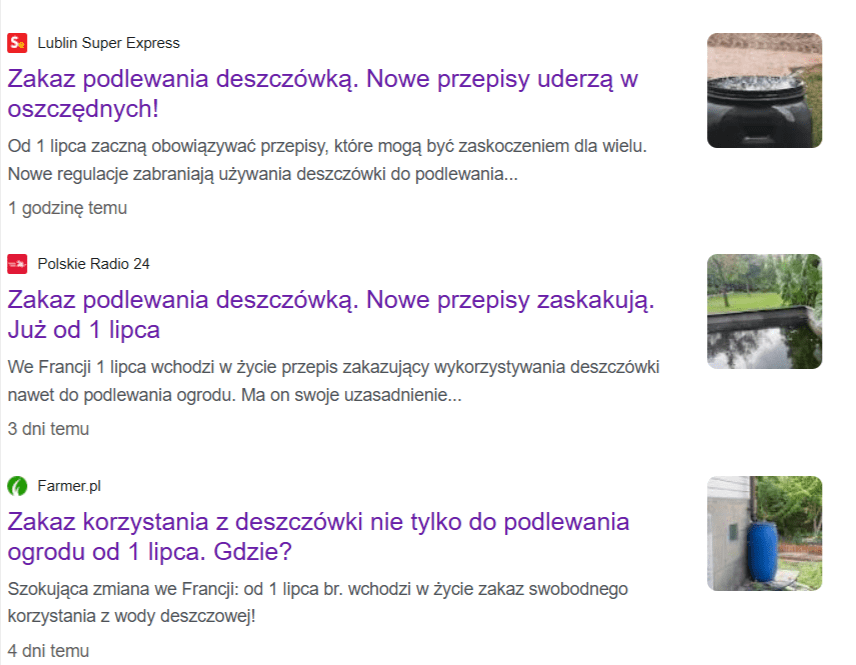 Zbiór tekstów, które informowały o zakazie podlewania wodą deszczową we Francji.