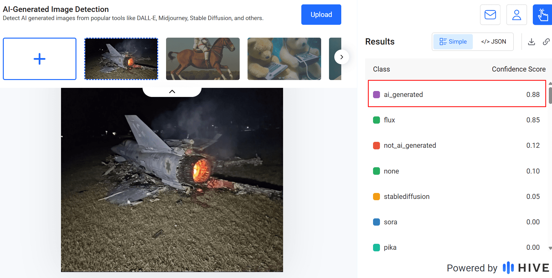 Analiza zdjęcia wykonana przy użyciu narzędzia Hive.AI. Obrazek samolotu z 88 proc. pewnością został stworzony przez AI