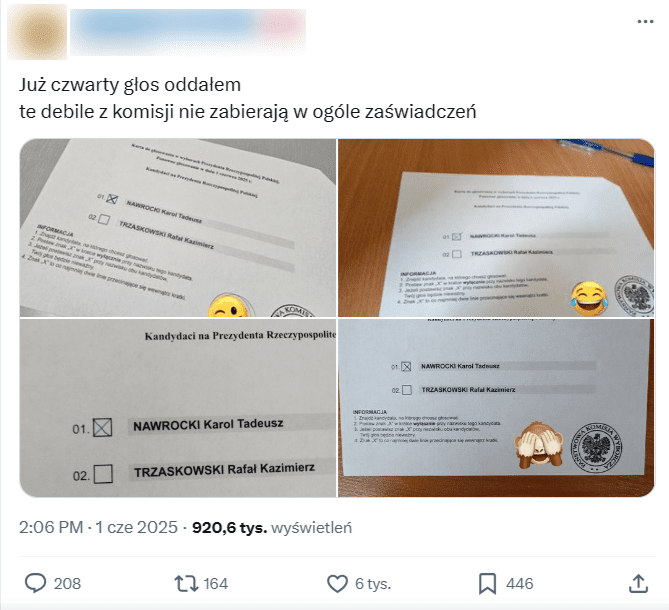 Zrzut ekranu z platformy X, gdzie widnieje fałszywa informacja o oddaniu czterech głosów na jednym zaświadczeniu o prawie do głosowania.