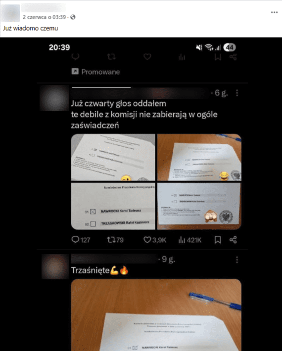 Zrzut ekranu z platformy Facebook, gdzie której widnieje fałszywa informacja o oddaniu czterech głosów na jednym zaświadczeniu o prawie do głosowania.