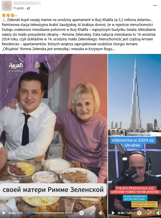 Alt: Zrzut ekranu wpisu na Facebooku. Na górze elementy interfejsu platformy i podpis, na dole klatka z filmu przedstawiająca Wołodymyra Zełenskiego z Rimmą Zełenską, zdjęcie wieżowca Burj Khalifa i klatka z innego filmu.