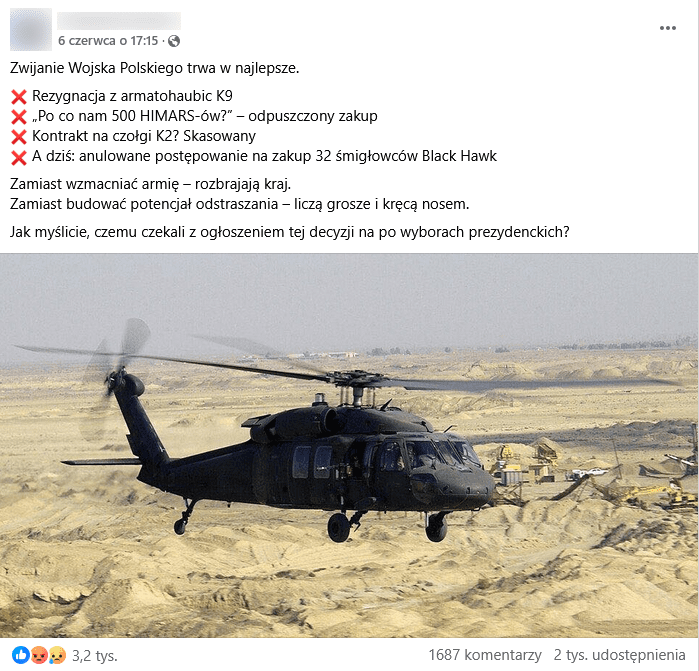 Zrzut ekranu wpisu na Facebooku. Na górze podpis, na dole zdjęcie śmigłowca Black Hawk lecącego nad pustynią.