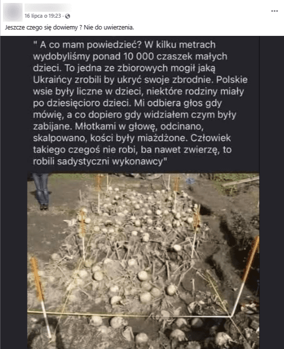 Zrzut ekranu z platformy Facebook, gdzie widzimy stertę ludzkich zwłok, w tym czaszek. 