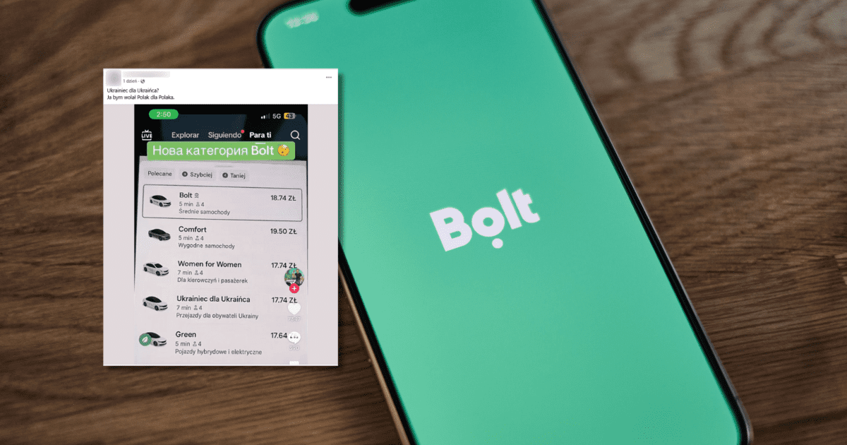 w tle telefon z aplikacją Bolt. zrzut ekranu z Facebooka