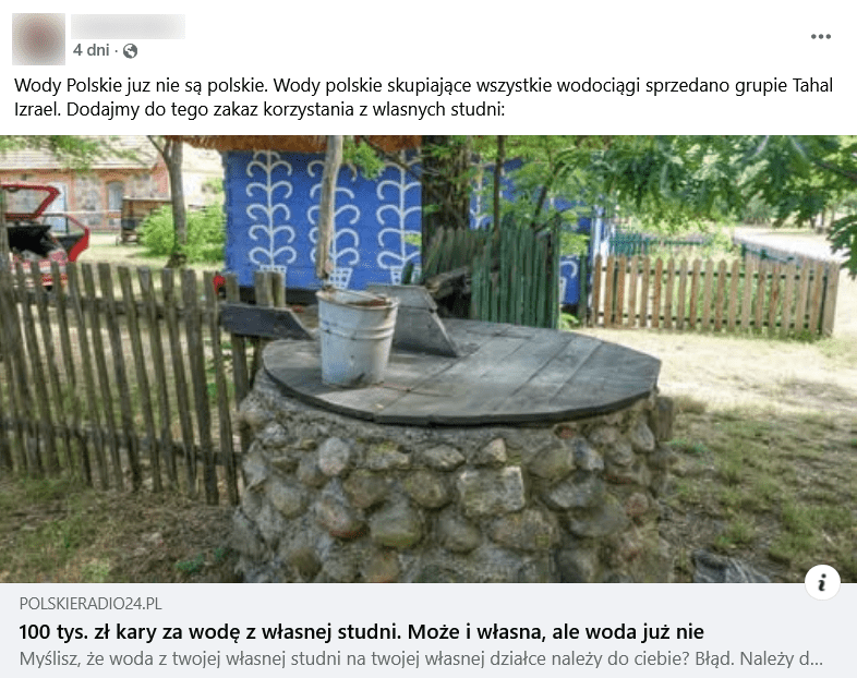 Zrzut ekranu wpisu na Facebooku, na górze podpis i elementy interfejsu platformy, na dole obraz studni.