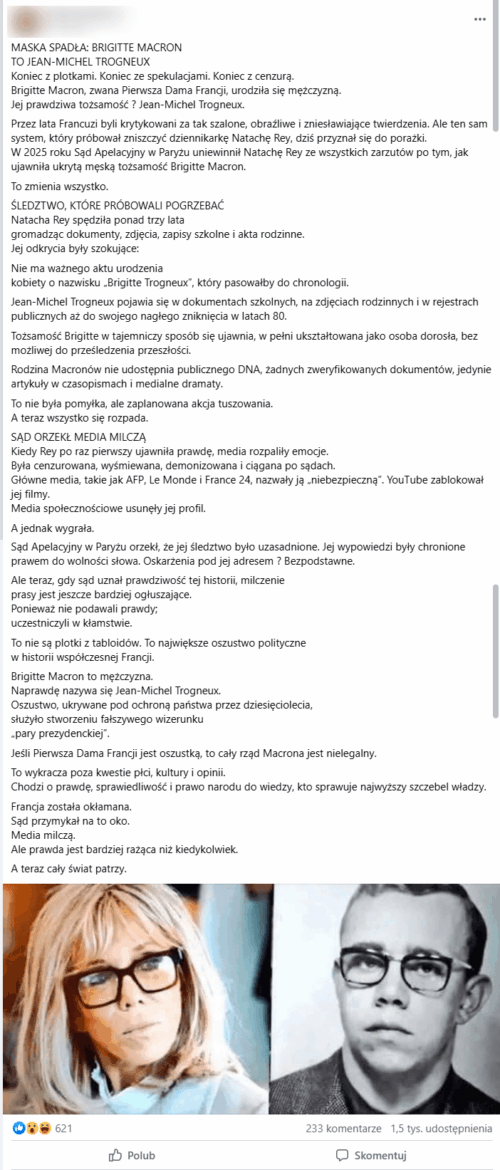 Zrzut ekranu wpisu na Facebooku. Na dole po lewej aktualne zdjęcie Brigitte Macron, po prawej czarno-białe zdjęcie młodego mężczyzny w okularach.