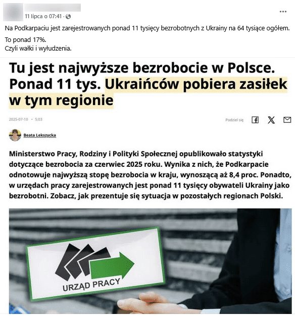 Zrzut ekranu z Facebooka. Na górze podpis i elementy interfejsu platformy, na dole udostępniony we wpisie zrzut ekranu z artykułu.