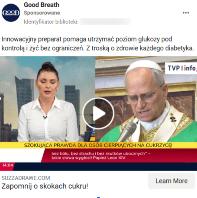 Zrzut ekranu reklamy z Facebooka. Na górze elementy interfejsu platformy i podpis, na dole klatka z nagrania przedstawiająca reporterkę, papieża Leona XIV i belkę newsową.