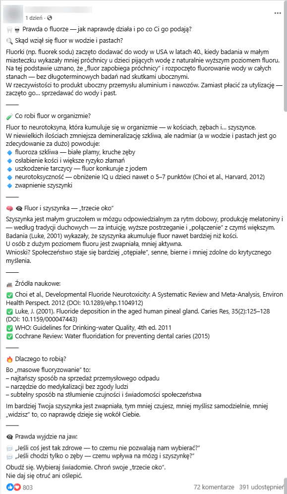 Zrzut ekranu posta z Facebooka pt. „Prawda o fluorze”. Wpis zawiera zbiór nieprawdziwych tez, przedstawiających fluor jako szkodliwą neurotoksynę, która rzekomo zwapnia szyszynkę (nazywaną „trzecim okiem”) i obniża iloraz inteligencji. 
