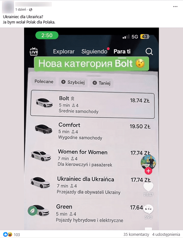 Zrzut ekranu z Facebooka. Na górze elementy interfejsu platformy i podpis, na dole zrzut ekranu z aplikacji Bolt przedstawiający fałszywą usługę.