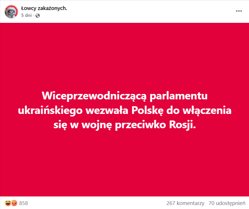 Grafika z białym napisem na czerwonym tle: Wiceprzewodnicząca parlamentu ukraińskiego wezwała Polskę do włączenia się w wojnę przeciwko Rosji.