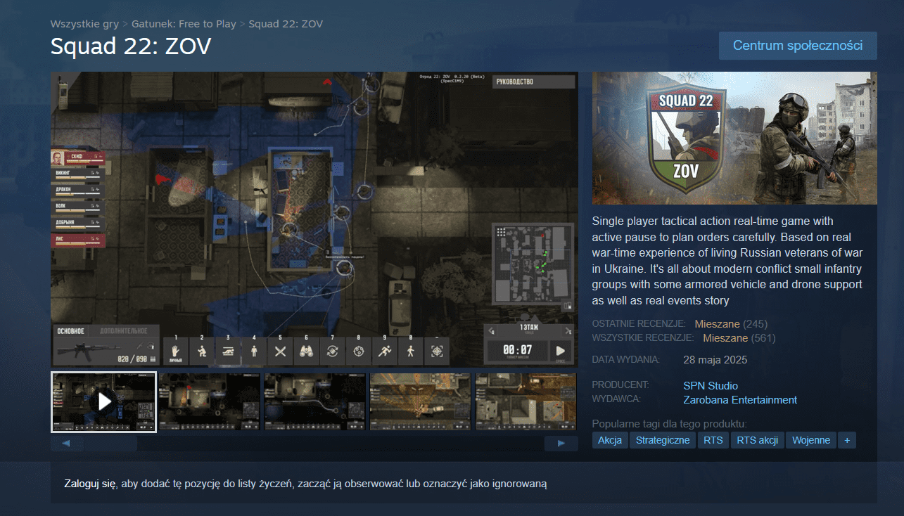 Zrzut ekranu z platformy Steam przedstawiający stronę „Squad 22: ZOV”. Zrzuty ekranu z gry i opis.