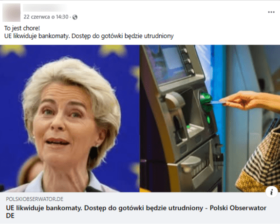 Zrzut ekranu posta z platformy Facebook, gdzie widoczne jest zdjęcie Ursuli von der Leyen oraz bankomatu. 