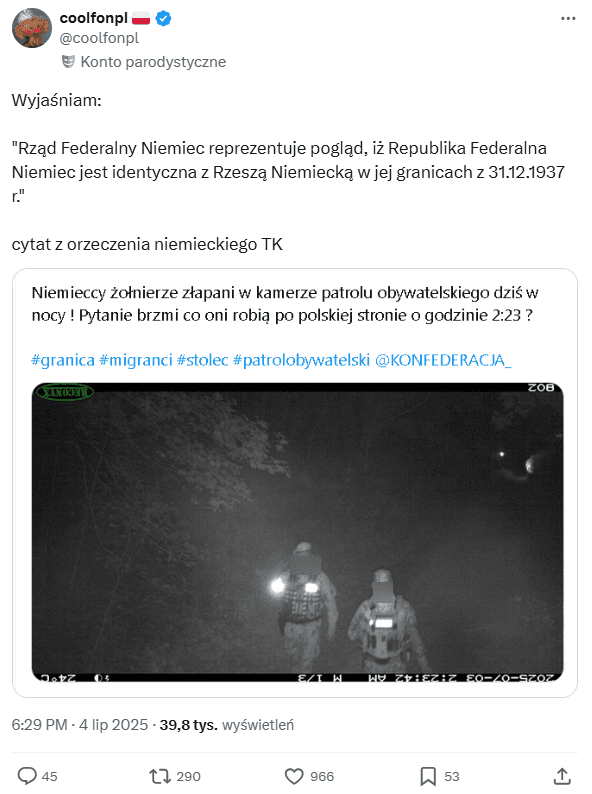 zrzut ekranu posta na X. Na dołączonym, czarnobiałym zdjęciu zrobionym z nocy widać dwóch mężczyzn w mundurach.