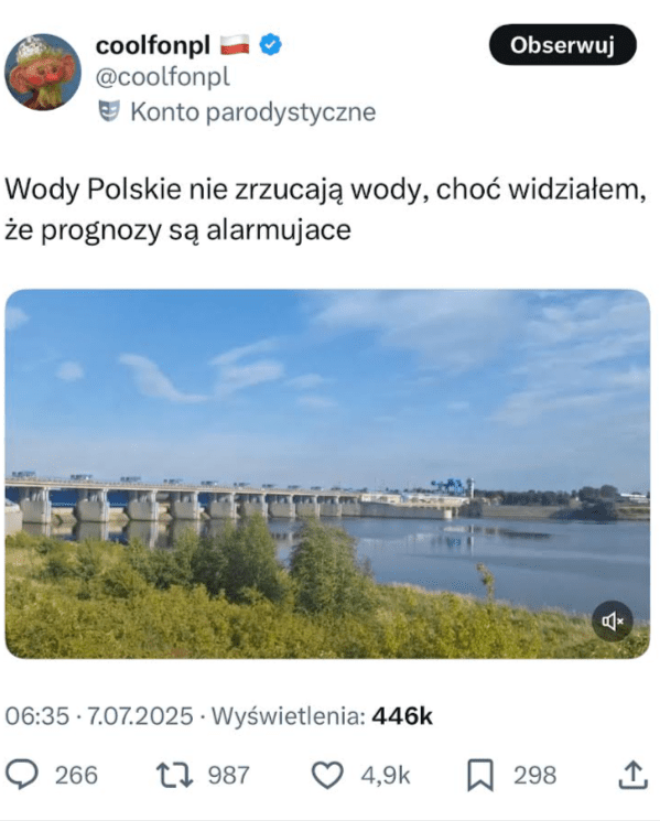 Zrzut ekranu z platformy X, gdzie pokazana jest zapora we Włocławku.
