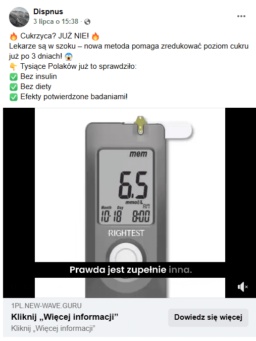 Zrzut ekranu wpisu. Pod opisem jest zdjęcie glukometru.