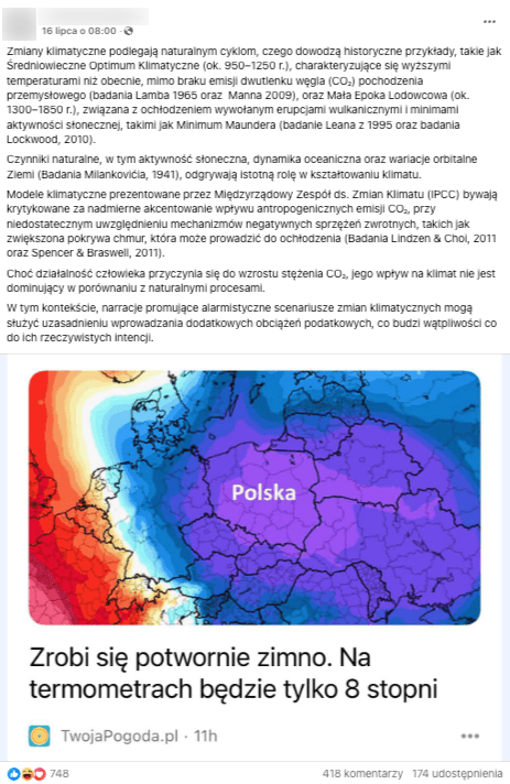 Wpis na Facebooku z informacją o tym, że zmiana klimatu to wynik przede wszystkim naturalnych czynników. Pod tekstem znalazł się link do artykułu z portalu TwojaPogoda.pl pt. “Zrobi się potwornie zimno. Na termometrach będzie tylko 8 stopni”.