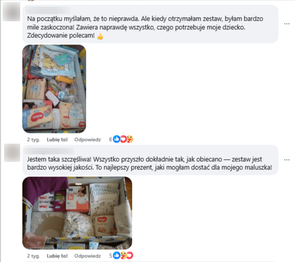 Zrzut ekranu z platformy Facebook, gdzie pojawiają się komentarze chwalące internetowy scam. 