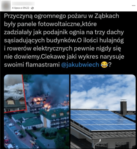 Zrzut ekranu z platformy Facebook, w którym napisano, że pożar w Ząbkach był spowodowany panelami fotowoltaicznymi. 
