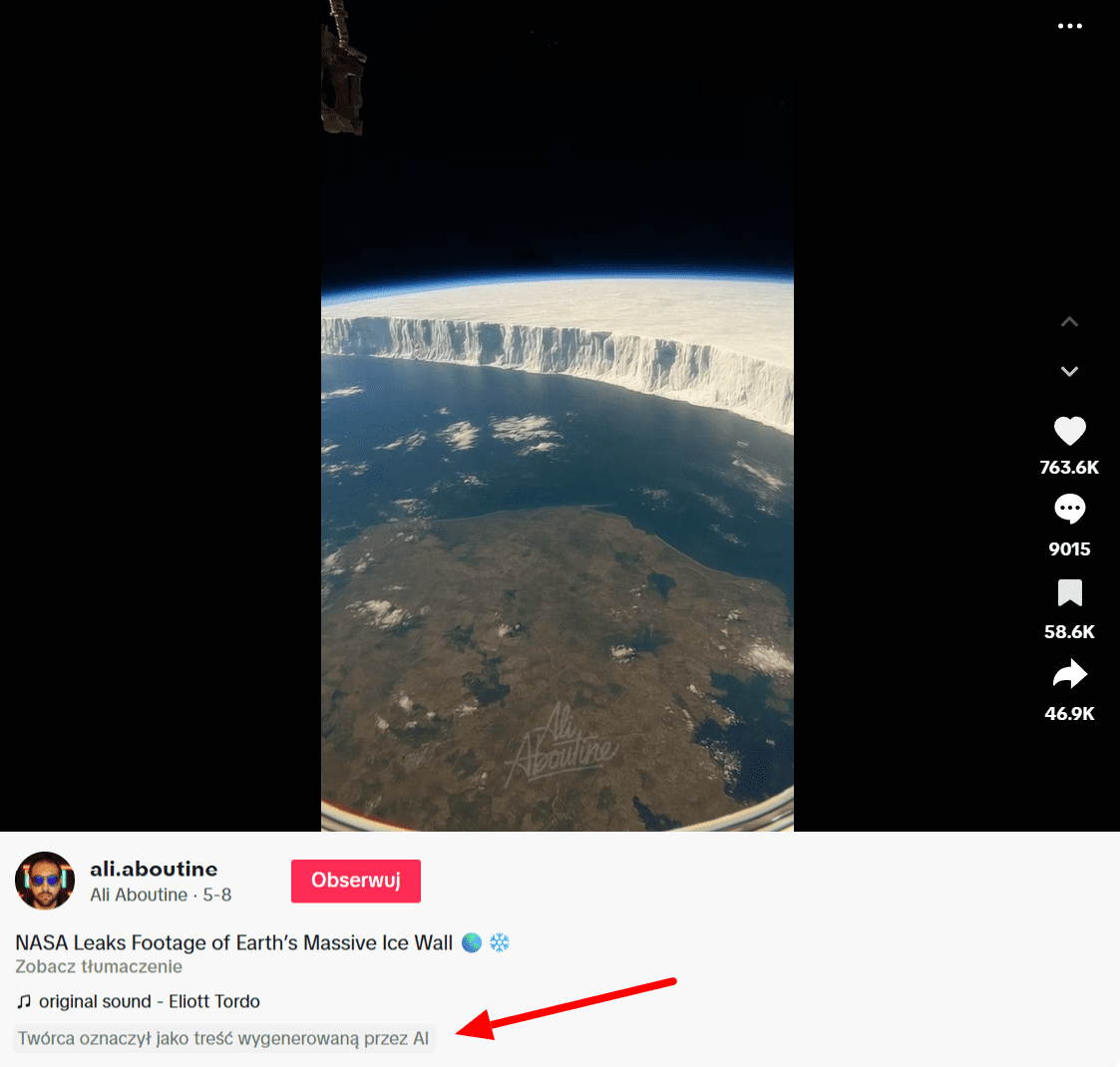 Zrzut ekranu z platformy TikTok, gdzie znajduje się materiał wideo wygenerowany przez sztuczną inteligencję.