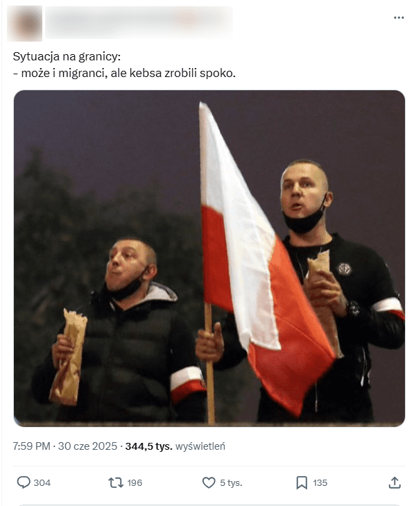 Zrzut ekranu z platformy X, gdzie widnieje zdjęcie dwóch mężczyzn trzymających kebaby oraz polską flagę. 