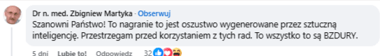 Komentarz dr. Martyki pod wpisem z nagraniem z jego wizerunkiem