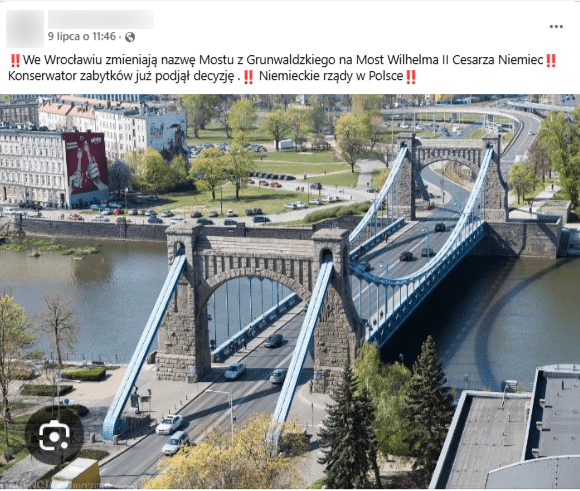Zrzut ekranu z platformy Facebook, gdzie widoczny jest Most Grunwaldzki we Wrocławiu. 