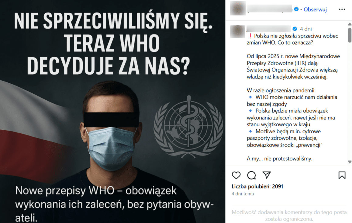 Zrzut ekranu z platformy Instagram, gdzie widzimy mężczyznę w maseczce z zakrytymi oczami, polską flagę oraz symbol WHO. 
