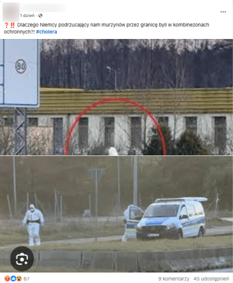 Wpis na Facebooku ze zdjęciem przedstawiającym radiowóz, a obok niego dwóch mężczyzn ubranych w kombinezony ochronne