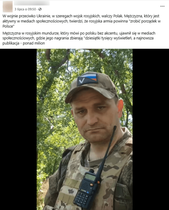 Zrzut ekranu z platformy Facebook, gdzie widzimy fragment wideo nagrany przez Polaka walczącego w rosyjskim wojsku. 