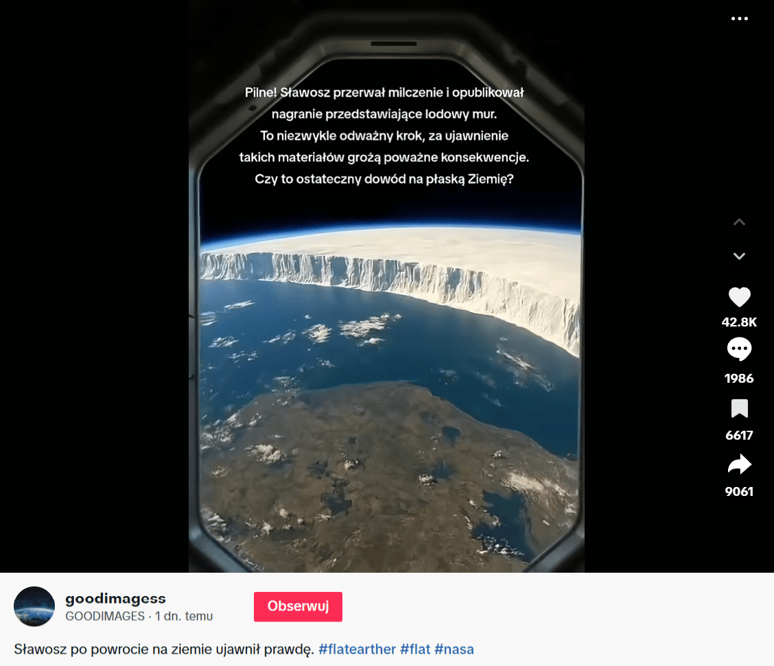 Zrzut ekranu z platformy TikTok, gdzie widzimy fragment rzekomego lodowego muru, który ma potwierdzać, że ziemia jest płaska.