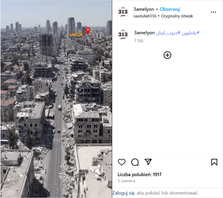 Zrzut ekranu wpisu na Instagramie. Po lewej stronie widać obraz zniszczonego miasta. 