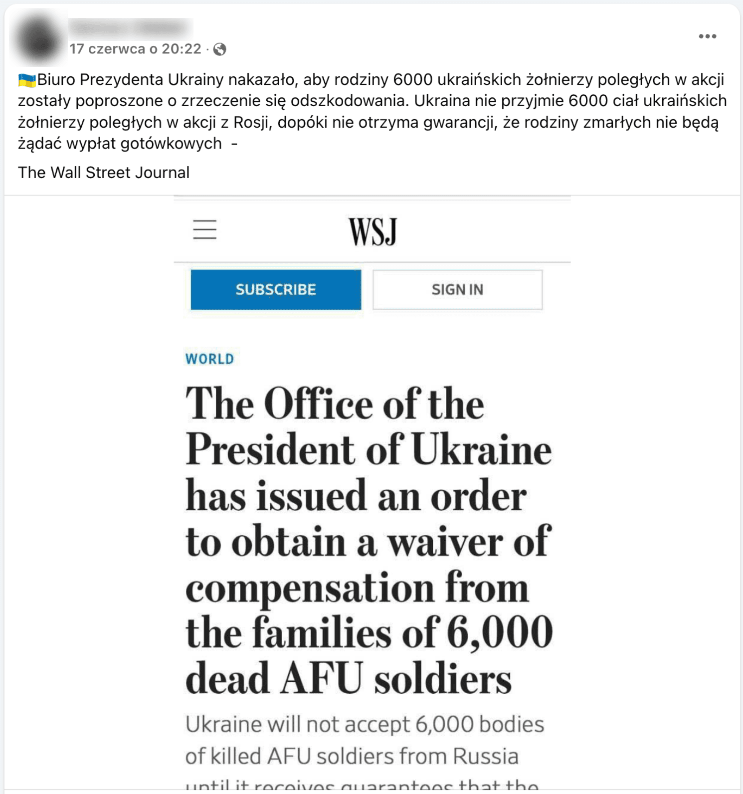 Zrzut ekranu omawianego posta na Facebooku. Na zrzucie ekranu artykułu rzekomo opublikowany w serwisie internetowym Wall Street Journal.