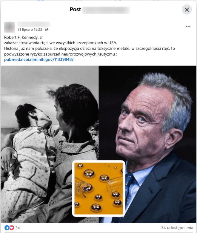 zrzut ekranu z Facebooka. Opis mówi o zakazie stosowania rtęci w USA. Do posta załączono zdjęcie Roberta F. Kennedy’ego Jr, wizerunek osoby trzymającej chore dziecko i obraz rtęci.