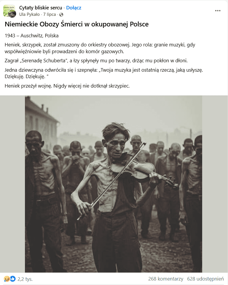 Czarno-białe, stylizowane zdjęcie wygenerowane przez AI, przedstawiające wychudzonego mężczyznę grającego na skrzypcach, otoczonego przez innych więźniów na terenie obozu koncentracyjnego.